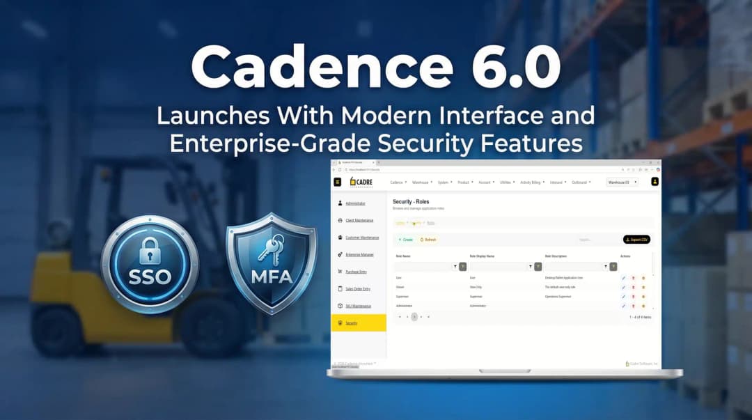Cadence 6.0 warehouse management software interface showing SSO and MFA security features