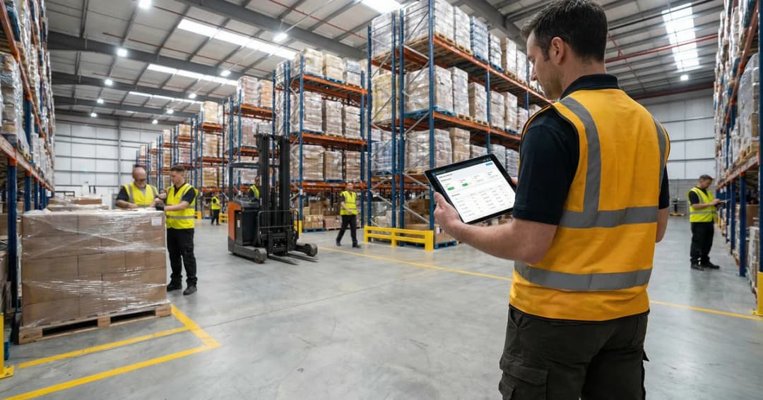 warehouse worker looking at Cadence Anywhere on a tablet