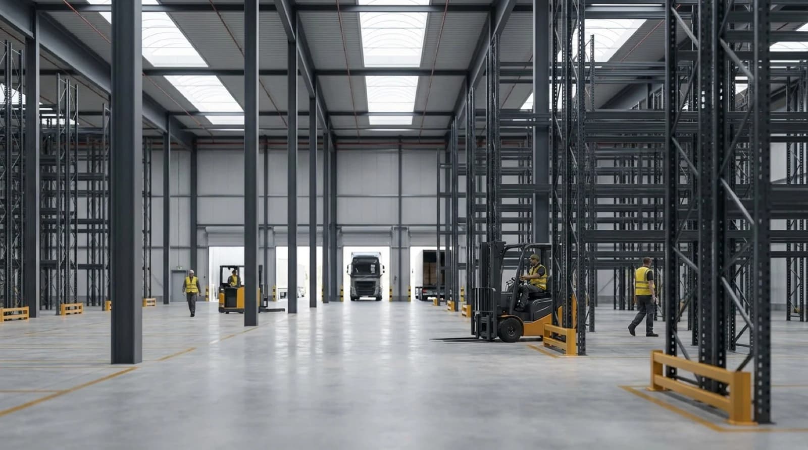 Large industrial warehouse interior with truck, loading docks, and fluorescent lighting