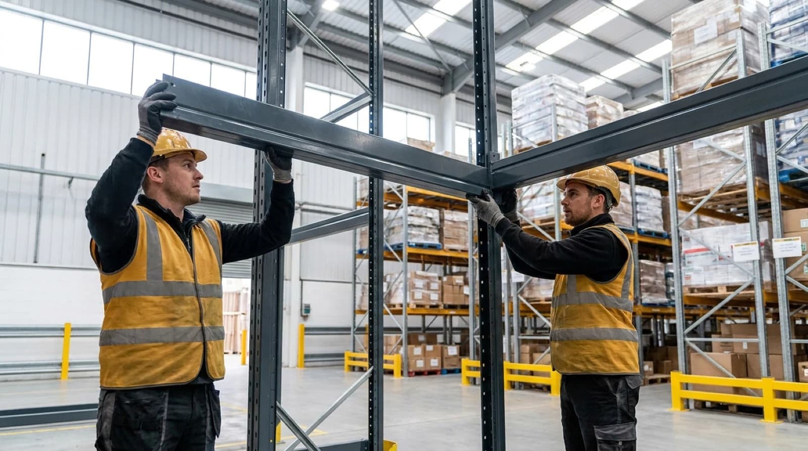 Two warehouse workers in safety gear assembling metal shelving units together