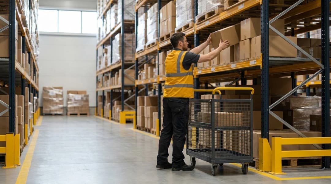 Warehouse order picking guide with tall storage racks and Cadre Technologies branding