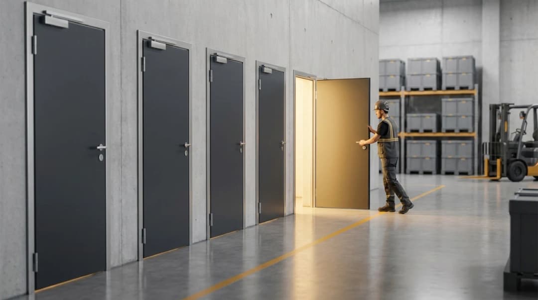Seven doors in hallway with one yellow door representing business software choice decisions