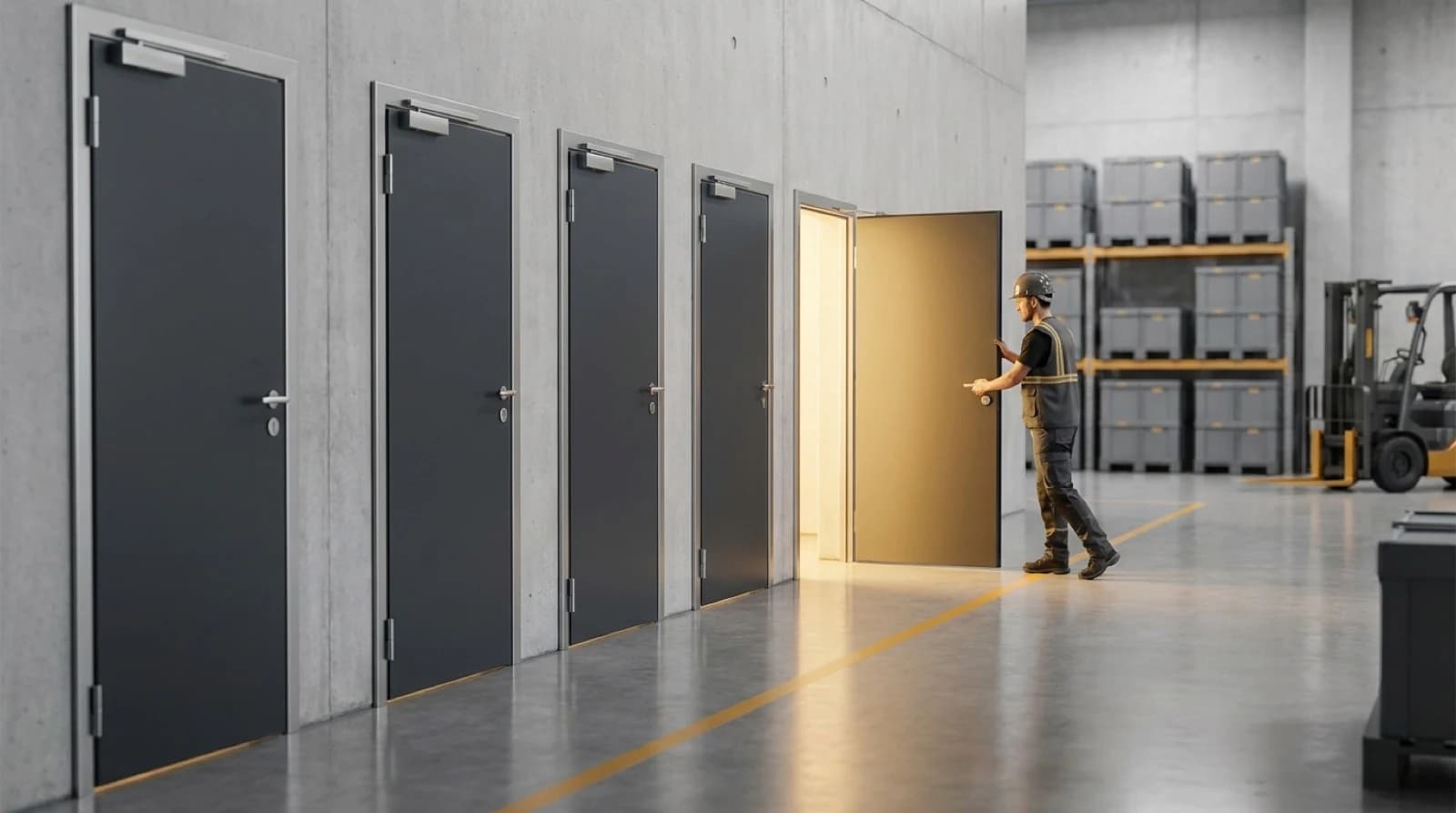 Seven doors in hallway with one yellow door representing business software choice decisions