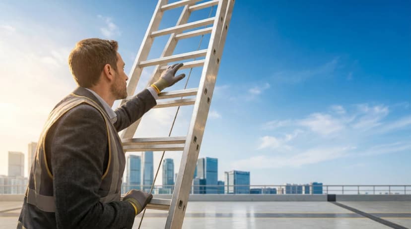 Businessman on ladder reaching for cloud above city buildings representing cloud WMS services