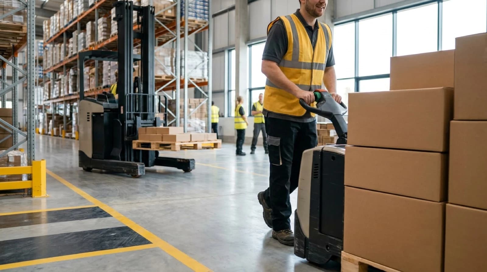 Warehouse worker in safety vest pulling pallet jack through distribution center