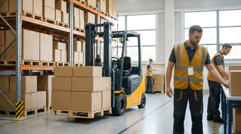 Orange warehouse forklift moving inventory on shelves for efficient product returns management