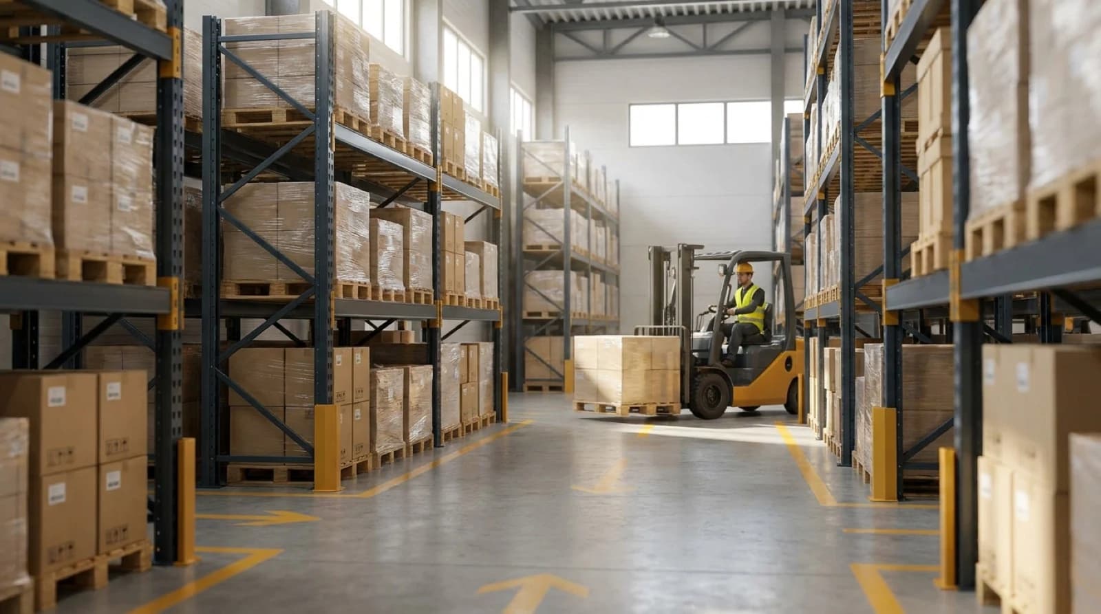 Large warehouse with blue pallet racking systems storing inventory for just-in-time management
