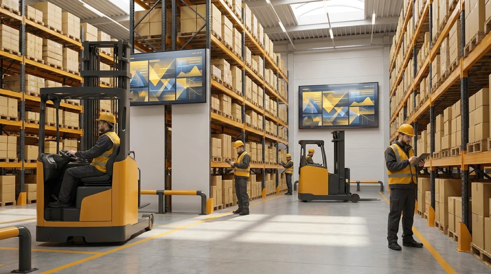 Modern warehouse with organized inventory shelves and WMS-optimized storage systems