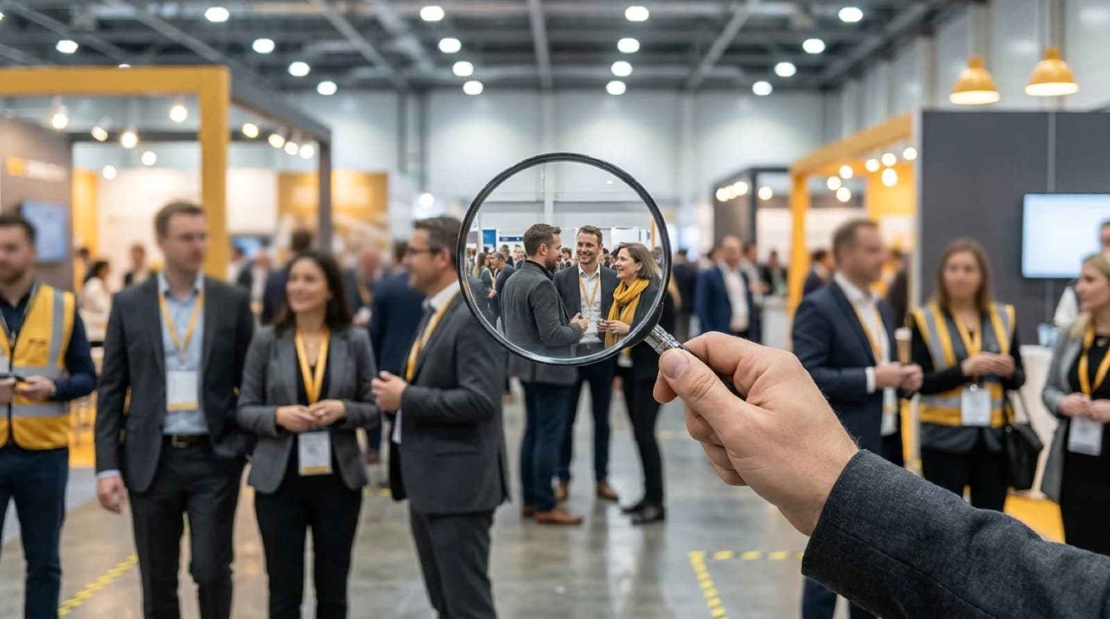 Magnifying glass highlighting potential 3PL clients from crowd of business silhouettes