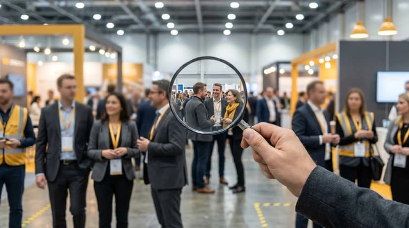 Magnifying glass highlighting potential 3PL clients from crowd of business silhouettes