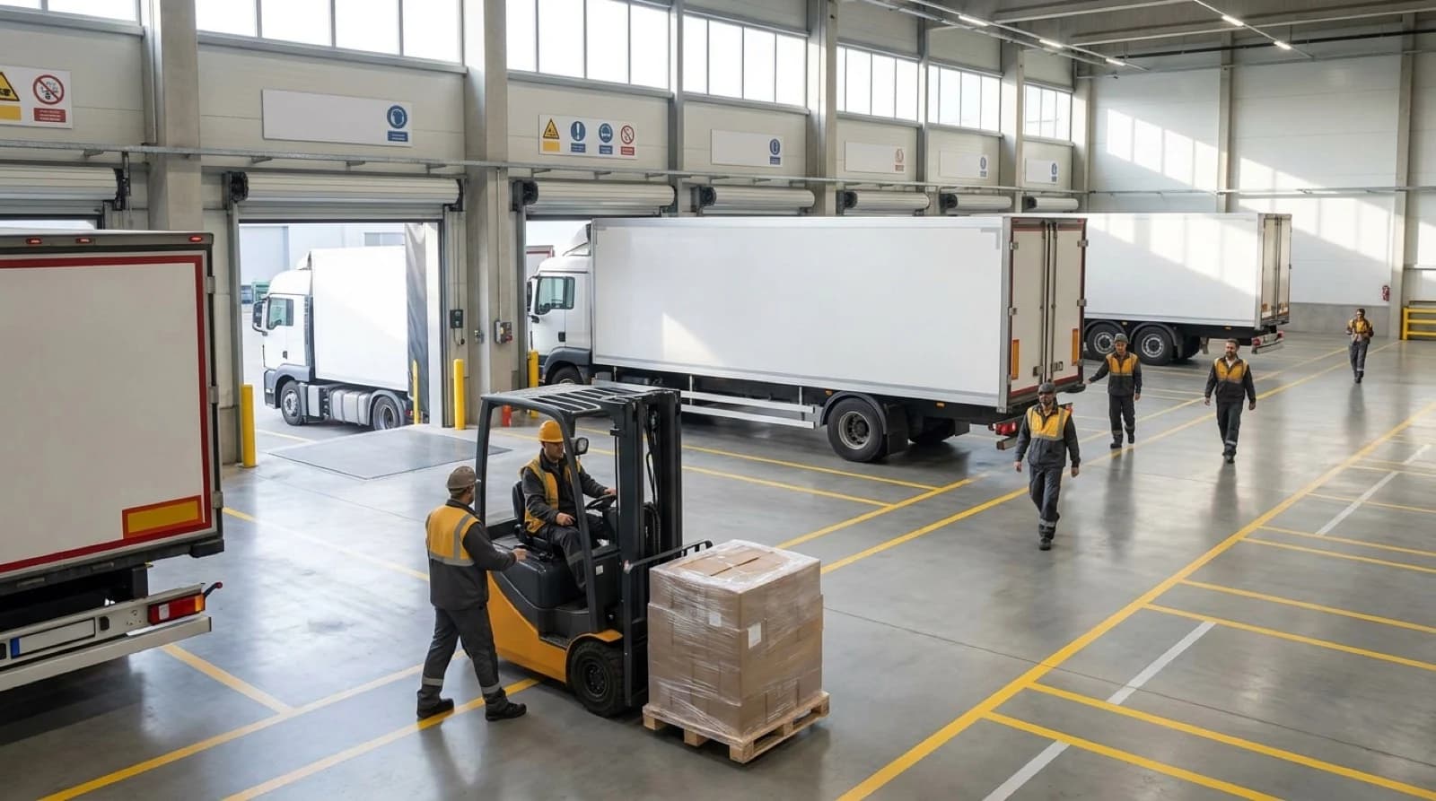 Safe warehouse loading dock with organized trucks and safety equipment