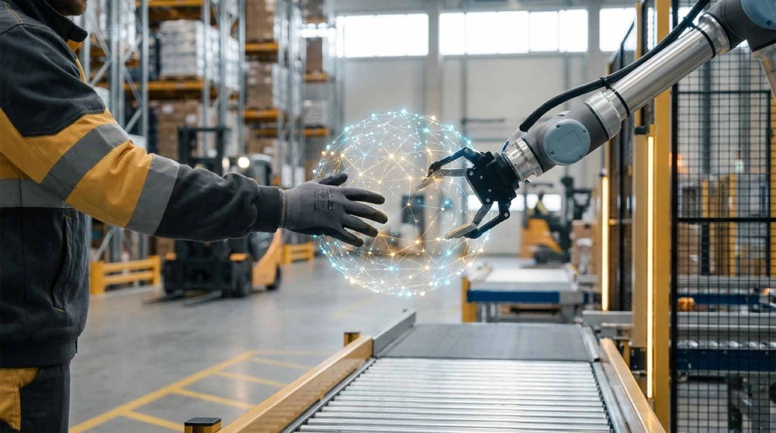Human hand reaching toward robotic hand representing supply chain management transformation