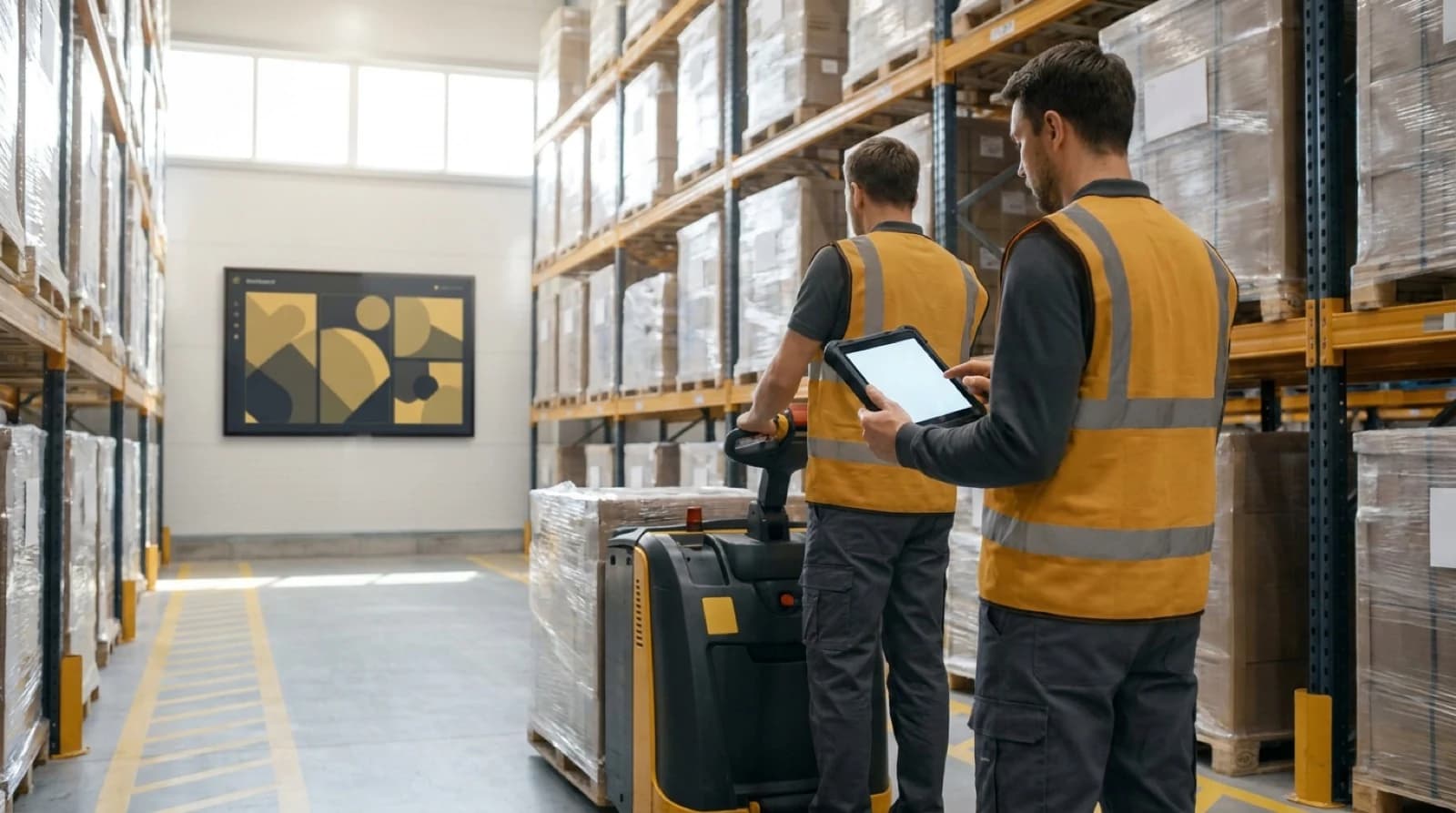 Warehouse management system in action with workers using handheld scanners