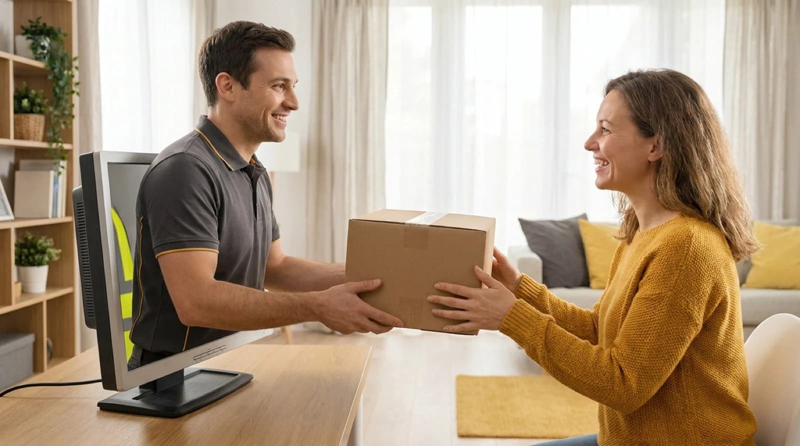 Delivery worker extending package from computer screen while customer holds payment cash