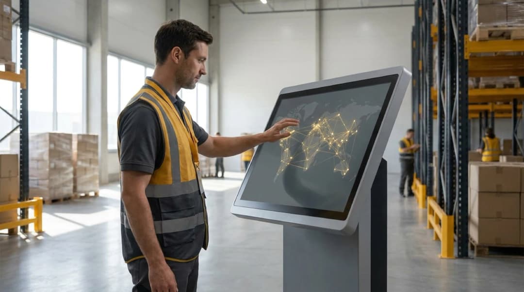 Person using touchscreen interface displaying blockchain network connections for supply chain management