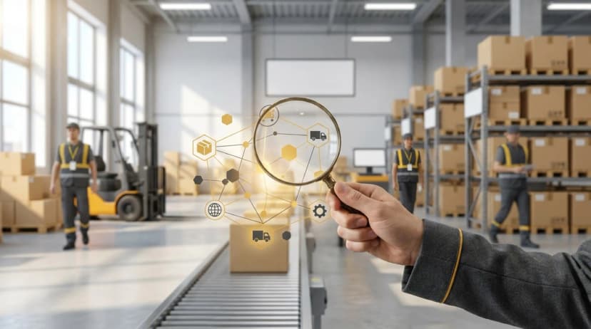 Magnifying glass highlighting "business" in word cloud showing supply chain visibility terms