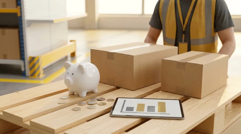 Broken white piggy bank with scattered coins representing budget-conscious warehouse efficiency solutions