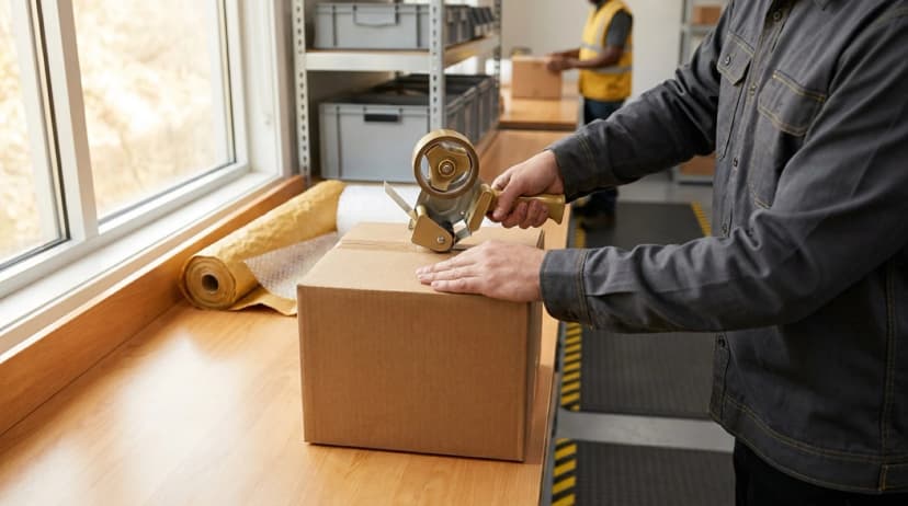 Person packing clothing item in cardboard shipping box with warehouse supplies on table
