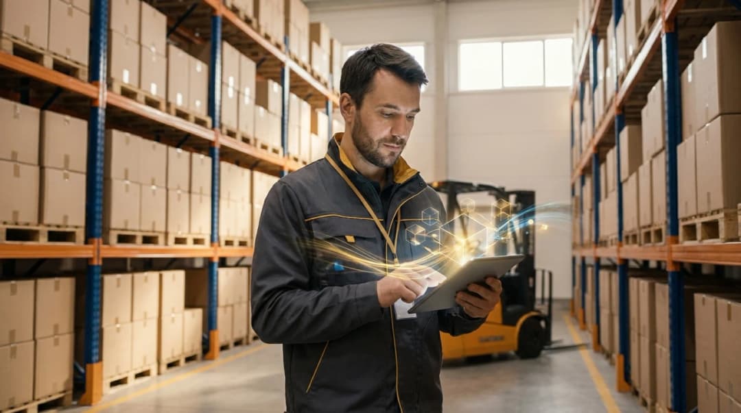 Tablet in warehouse showing supply chain visibility across regions