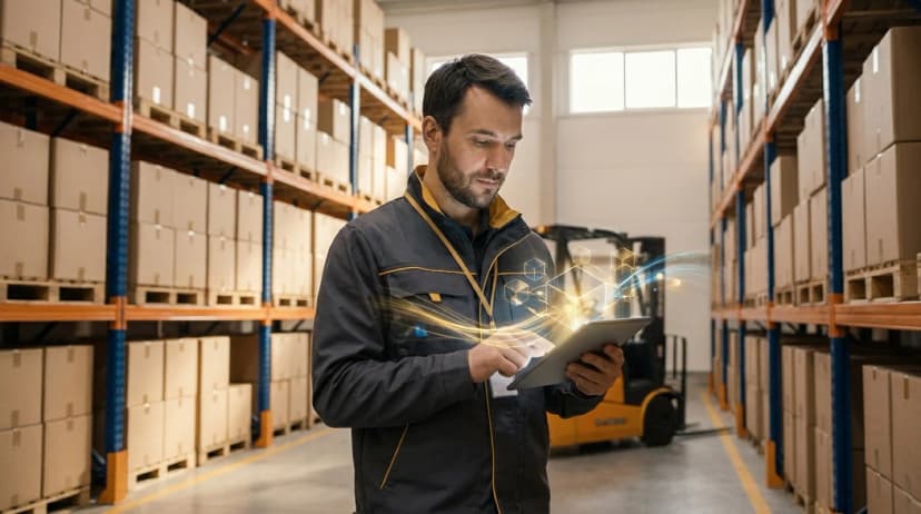 Tablet in warehouse showing supply chain visibility across regions
