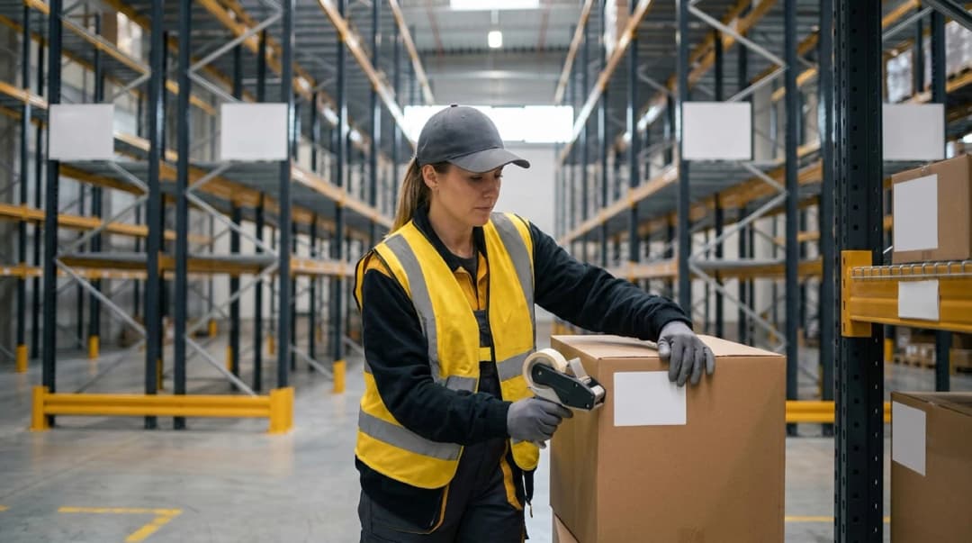 Warehouse worker in safety vest organizing inventory with clipboard and labels