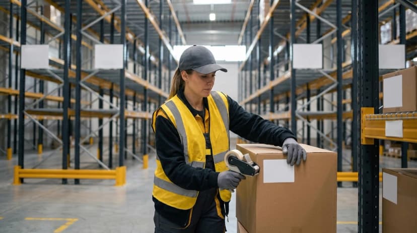 Warehouse worker in safety vest organizing inventory with clipboard and labels