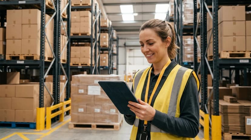 Warehouse worker in safety vest using tablet for inventory management in storage facility