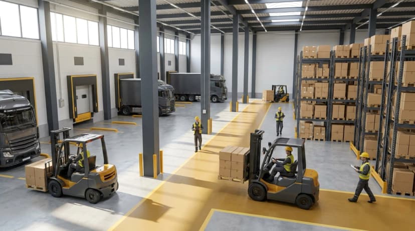Isometric warehouse facility showing putaway process with forklifts, storage racks, and loading dock