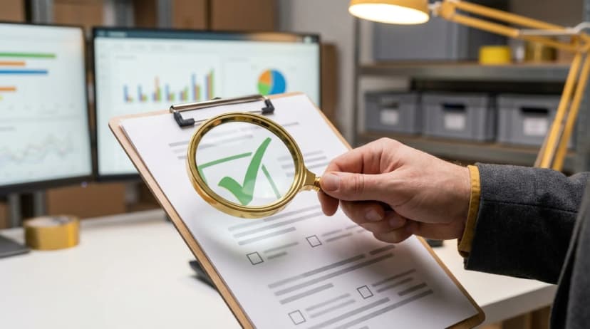 Hands examining clipboard with magnifying glass showing checkmark, representing supply chain efficiency analysis