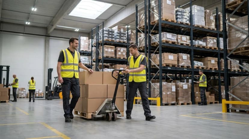Warehouse workers with pallet jack in distribution center - Commenco Cadre Technologies partnership case study