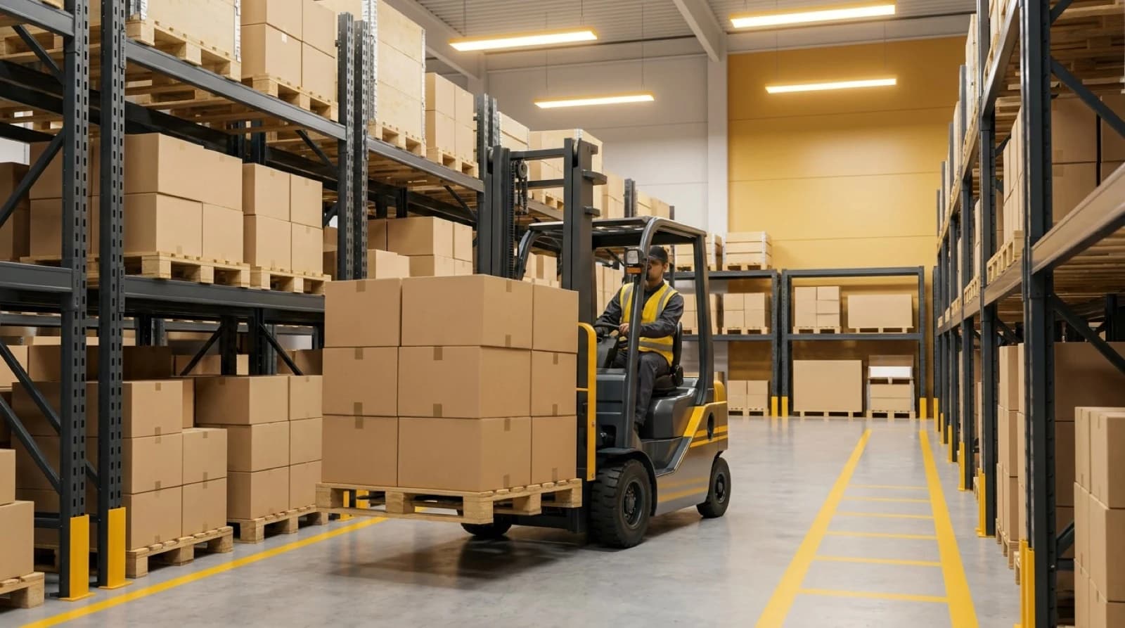 forklift moving boxes in a warehouse