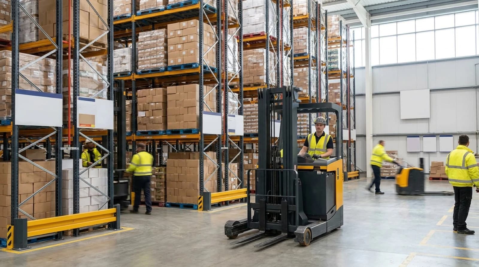 Modern food warehouse with organized inventory shelving and forklift equipment