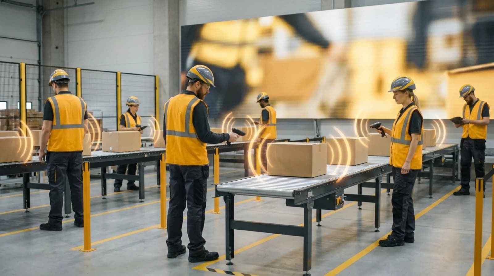 Modern warehouse with RFID technology icon showing wireless connectivity and package tracking