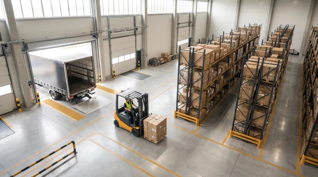 Isometric warehouse layout showing workers, forklifts, storage racks, and delivery truck in organized operation