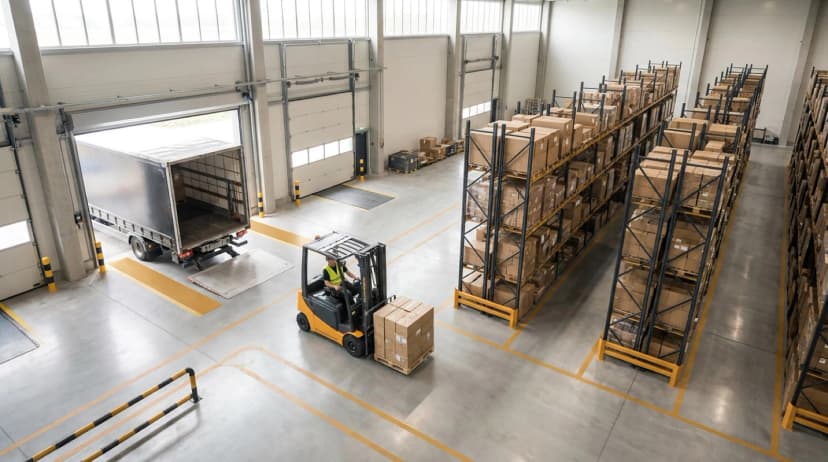 Isometric warehouse layout showing workers, forklifts, storage racks, and delivery truck in organized operation