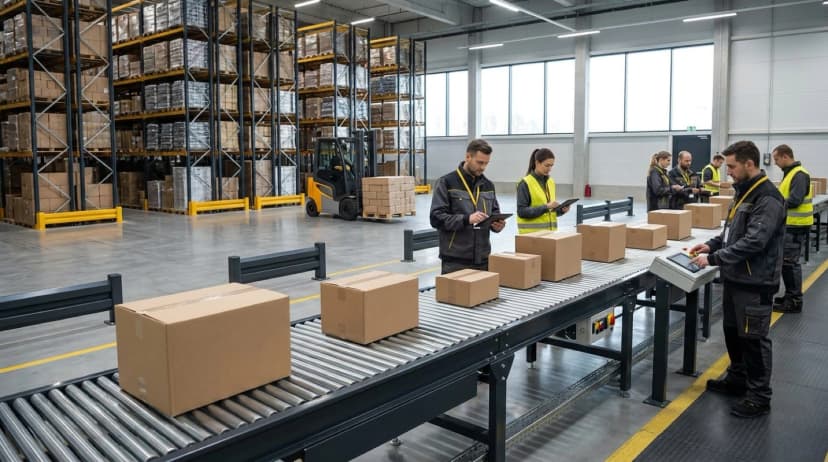 Isometric illustration showing warehouse management system with workers, packages, and digital tablet interface