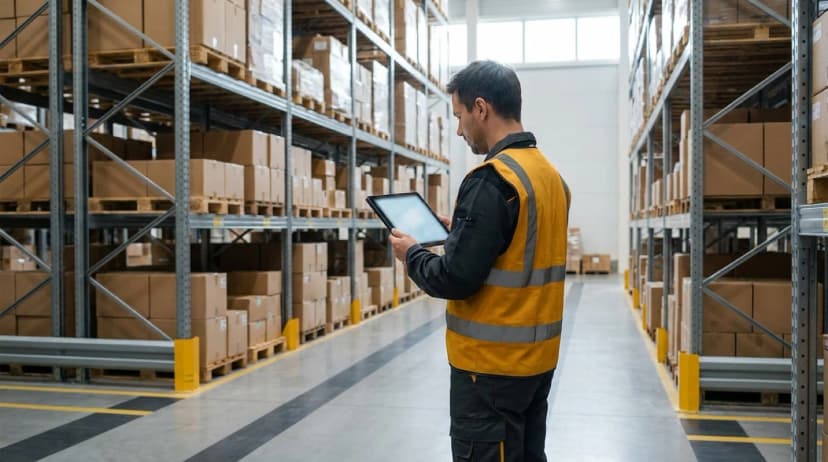 warehouse worker looking at a tablet