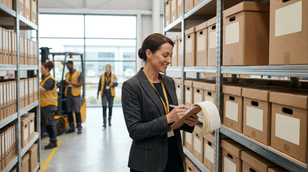 woman looking at the shelves with a clipboard