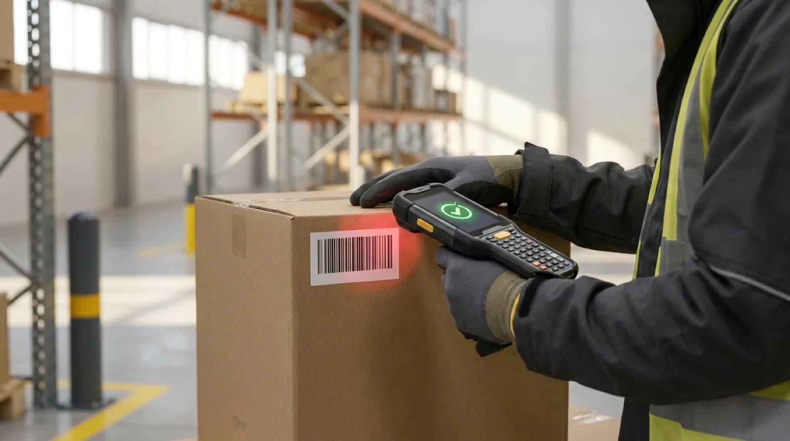 illustration of hand holding rugged barcode scanner near boxes