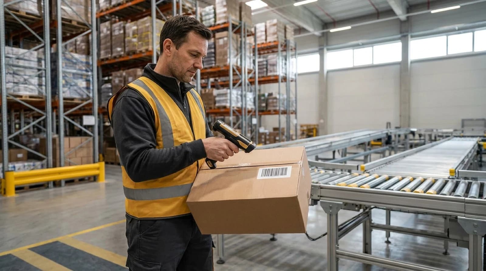warehouse worker with clipboard and forklift driver, and picking robot in the background