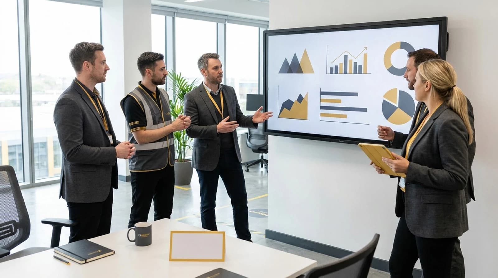 Business professionals analyzing supply chain KPI charts, graphs and performance data
