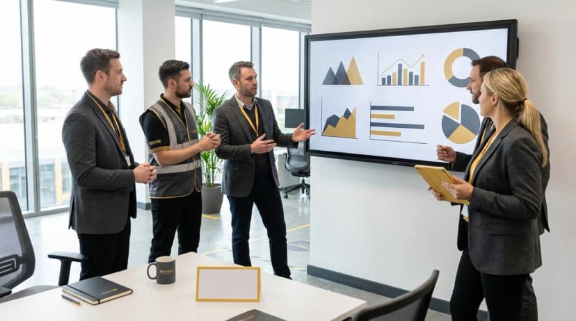 Business professionals analyzing supply chain KPI charts, graphs and performance data