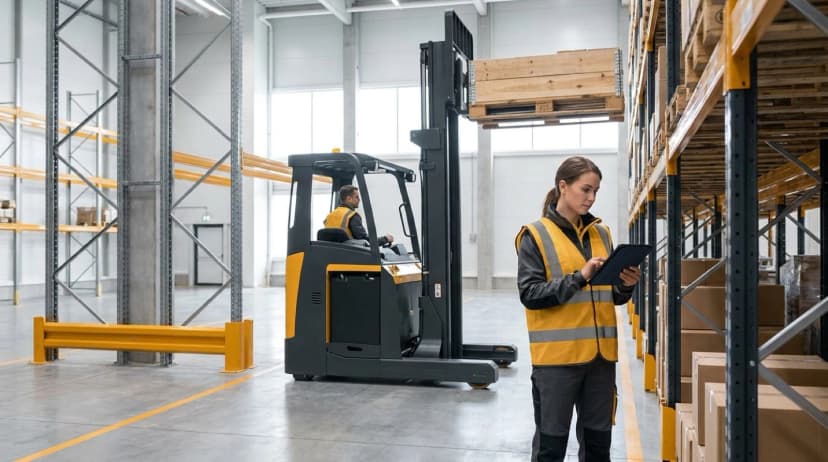 warehouse worker pointing at a shelf of boxes while a forklift is moving a box