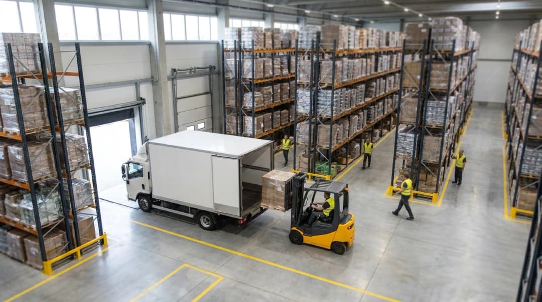 Isometric warehouse illustration showing automated inventory management and data systems integration