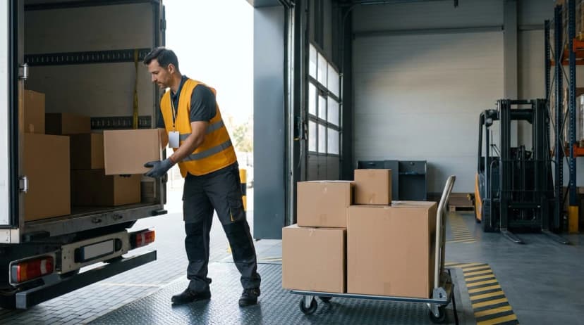 warehouse receiving process - unloading inventory from a truck onto a hand cart
