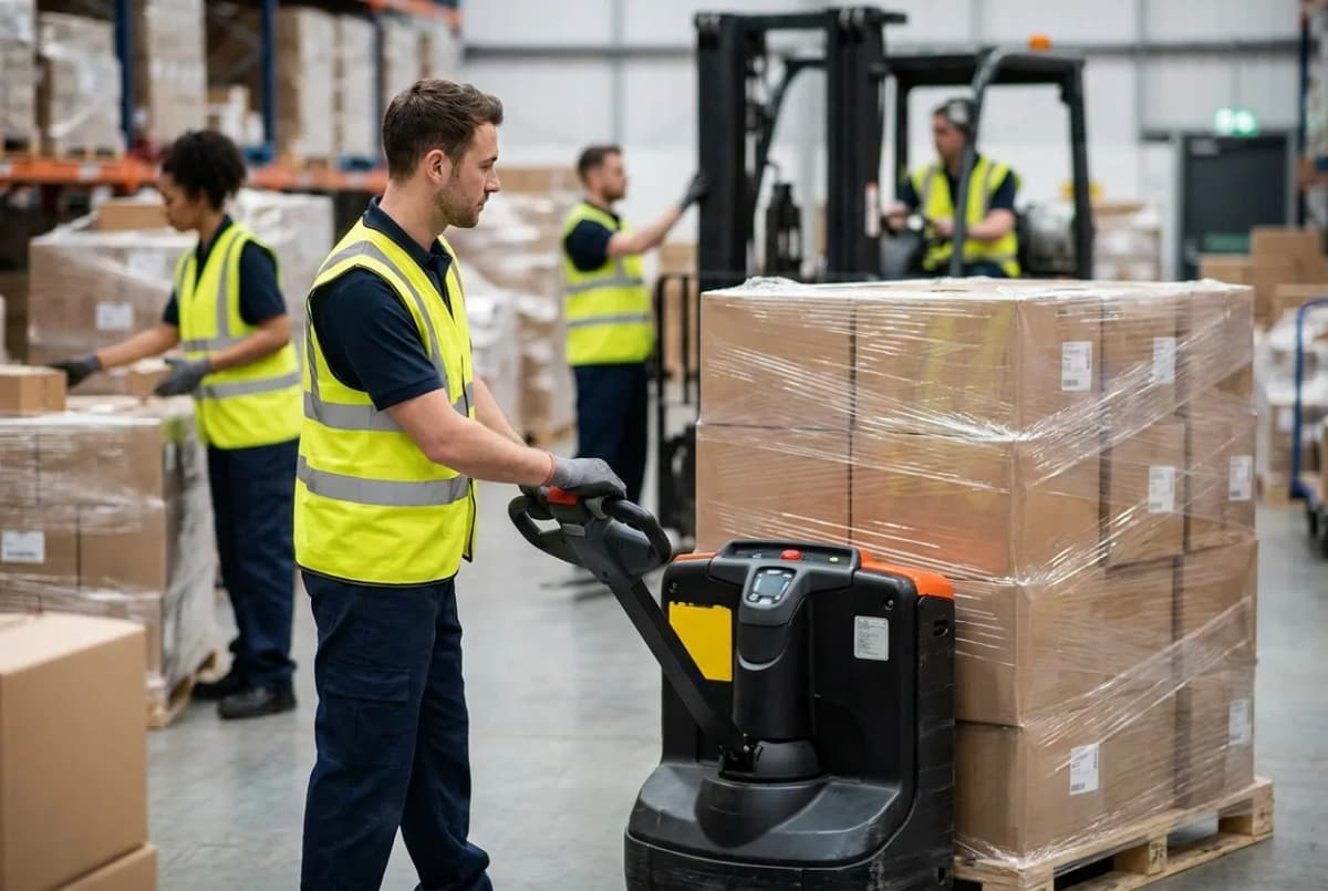 Warehouse worker in yellow safety vest operating forklift in industrial storage facility
