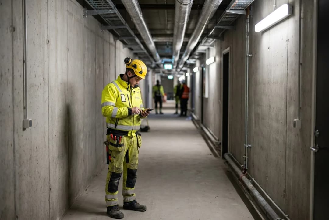 Man in yellow shirt holding smartphone in industrial warehouse setting