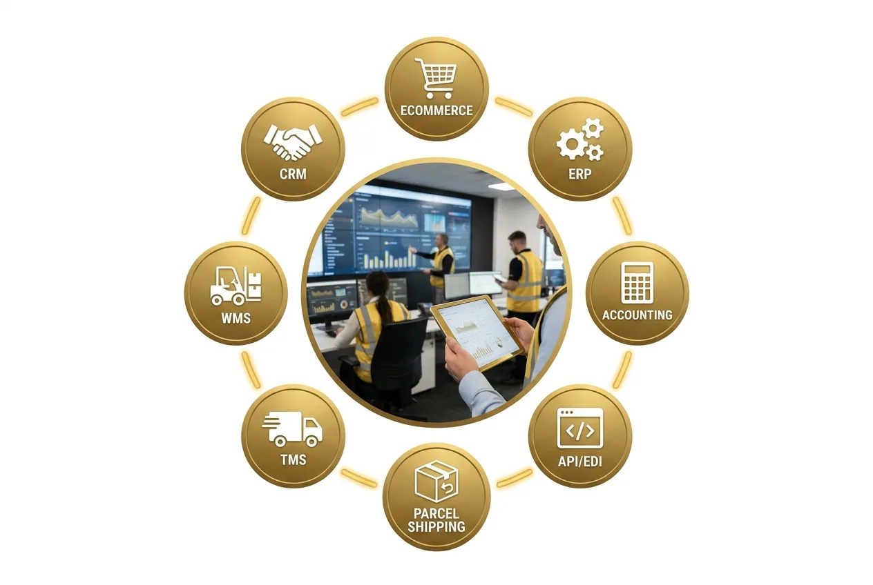 a guy in a data center looking at a screen surrounded by icons representing the different systems LogiView integrates with