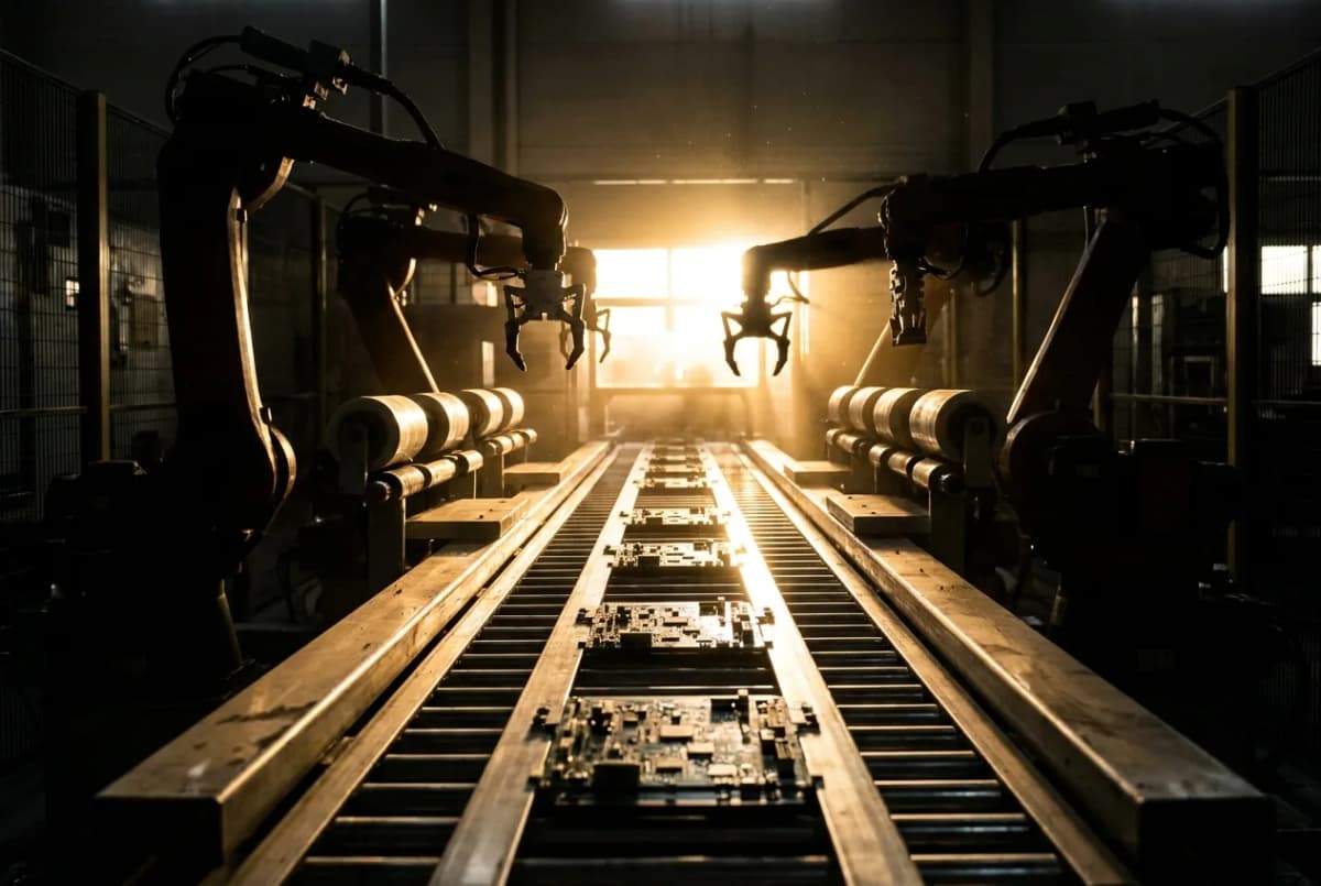 Modern automobile manufacturing factory floor with robotic assembly line equipment and machinery