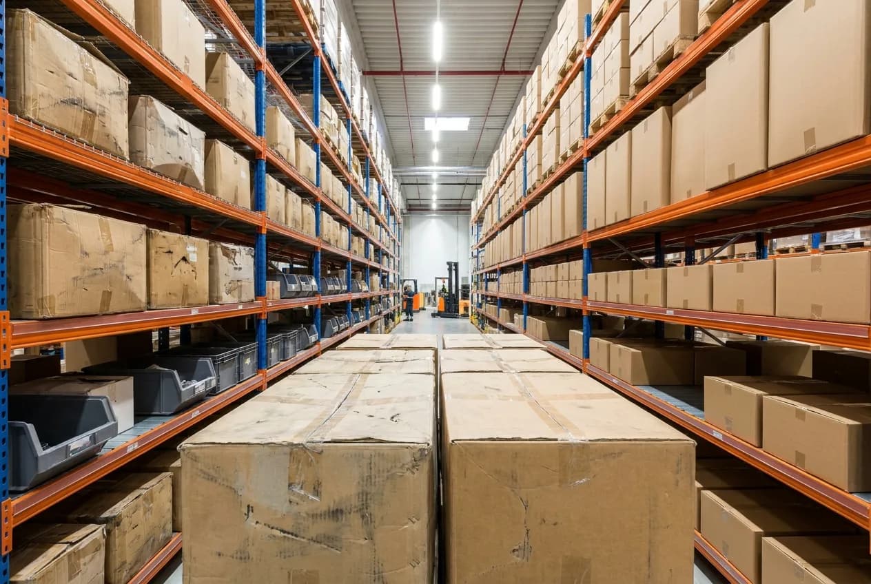 Organized warehouse shelving showing boxes arranged in rows representing FIFO inventory flow
